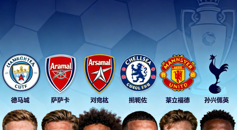 2025-2026赛季英超前瞻封面图，展示曼城、阿森纳、利物浦等六强队徽与关键球员头像