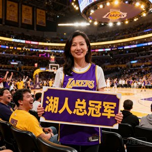 一位30岁的女性篮球迷李女士，穿着湖人队紫色球衣，在斯台普斯中心观众席上手持应援牌